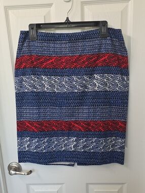 Ann Taylor Blue, White & Orange Patterned Pencil Skirt